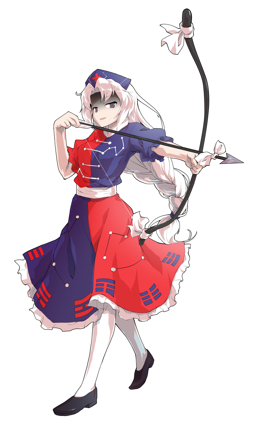 1girl arrow_(projectile) black_shoes blue_dress blue_hat bow bow_(weapon) braid breasts collared_dress commentary_request constellation_print cross cross_print curtained_hair dairi drawing_bow dress flats floating_hair full_body grey_eyes hair_tie half-closed_eyes hand_up hat highres holding holding_arrow holding_bow_(weapon) holding_weapon large_breasts large_variant_set long_hair looking_at_object multicolored_dress no_nose nurse_cap outstretched_arm pantyhose parted_lips print_dress puffy_short_sleeves puffy_sleeves red_cross red_dress shaded_face shoes short_sleeves sidelocks simple_background single_braid smile solo standing tachi-e tiptoes touhou transparent_background variant_set very_long_hair weapon white_bow white_hair white_pantyhose white_petticoat yagokoro_eirin