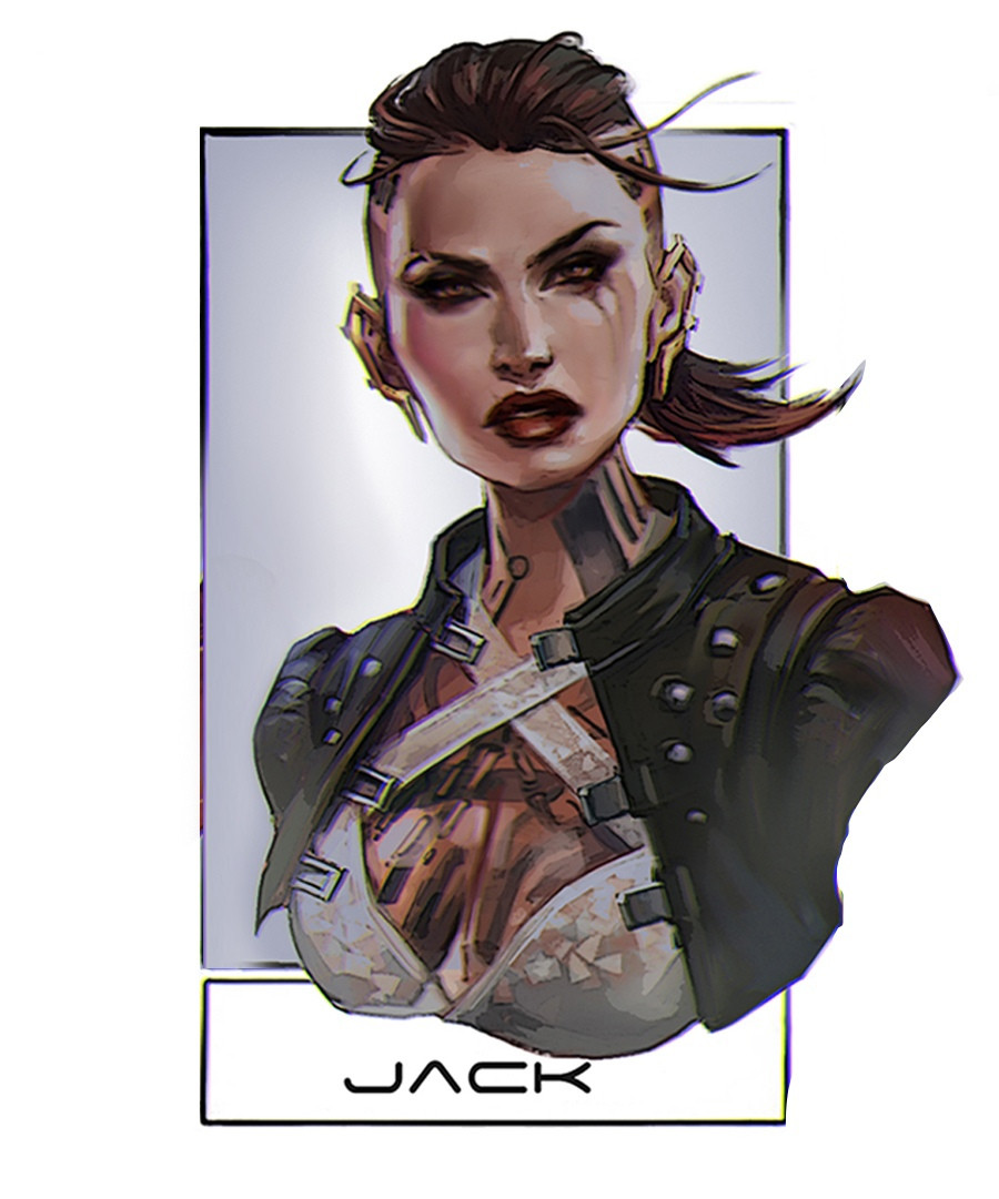 1girl black_jacket bra breasts brown_eyes brown_hair chest_tattoo commentary criss-cross_halter ear_piercing english_commentary engrish_commentary eva_kosmos floating_hair halterneck jack_(mass_effect) jacket mass_effect_(series) mass_effect_3 medium_hair neck_tattoo parted_lips piercing red_lips small_breasts solo tattoo undercut underwear v-shaped_eyebrows white_bra