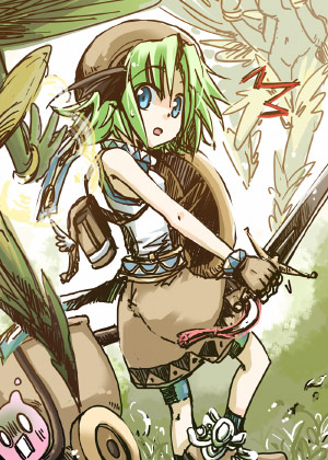 1girl blue_eyes blue_socks brown_bag brown_hat brown_shorts commentary_request expressionless feet_out_of_frame grass green_hair hat holding holding_shield holding_sword holding_weapon looking_at_viewer looking_to_the_side lowres notice_lines numi_(sin) open_mouth pullcart ragnarok_online shield shirt short_hair shorts sleeveless sleeveless_shirt socks solo standing super_novice_(ragnarok_online) sword weapon white_shirt