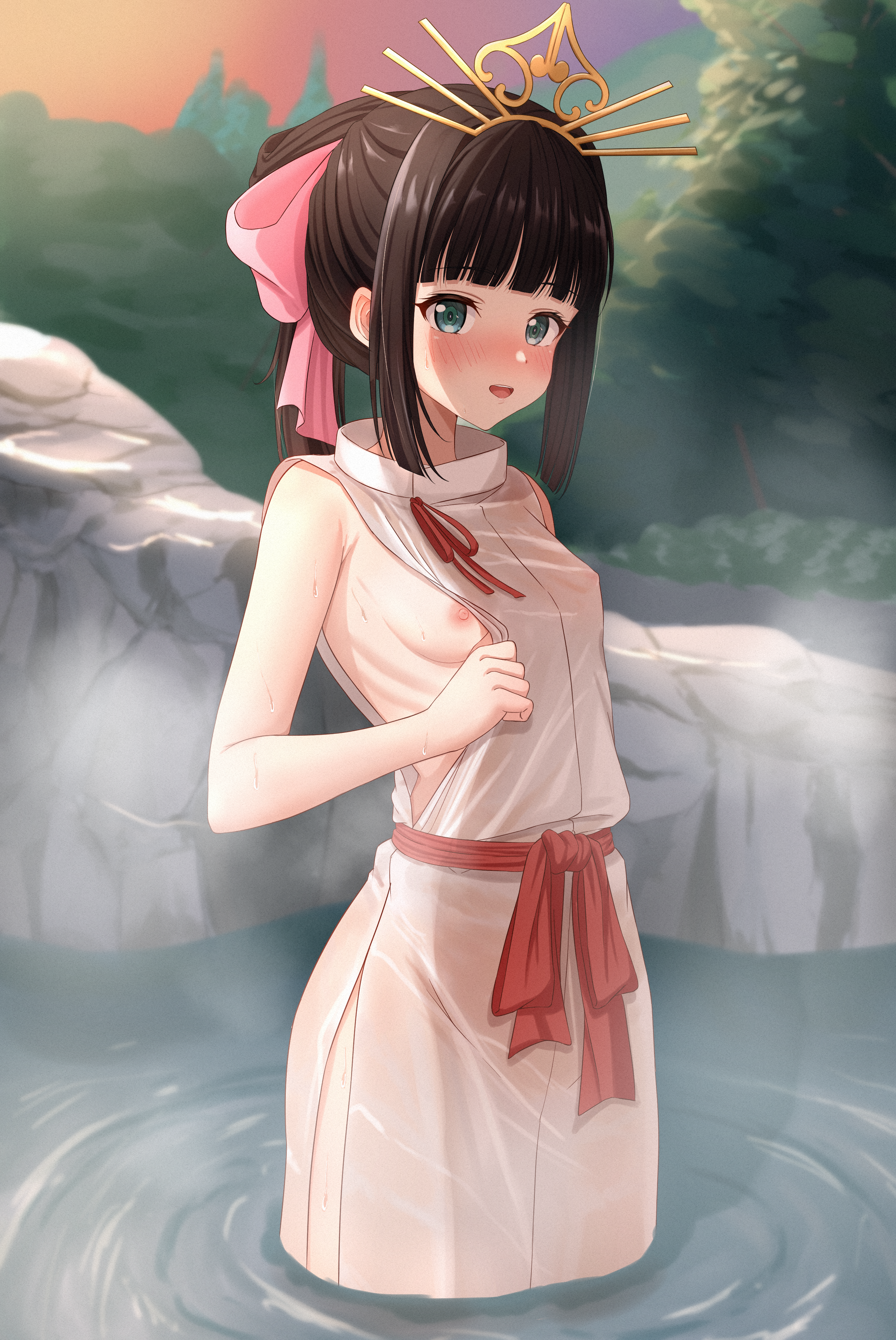 1girl absurdres blush breasts brown_hair green_eyes highres hime_cut japanese_clothes kariginu nige_jouzu_no_wakagimi nipples onsen outdoors red_sash sash shizuku_(nige_jouzu_no_wakagimi) sidelocks sky small_breasts solo tiara tomioka_(r2czw) tree