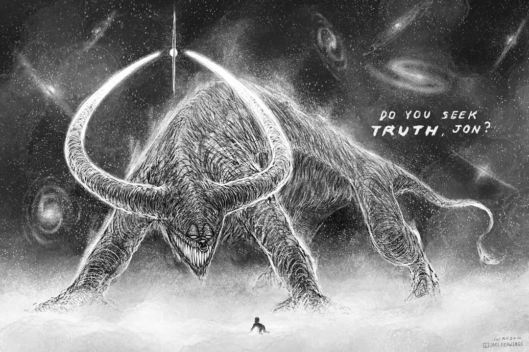 ? all_fours commentary divine_entity english_commentary english_text evil_smile face_piercing galaxy garfield garfield_(character) glowing glowing_horns horns instagram_logo instagram_username jon_arbuckle jr_(jarsarts) kneeling monochrome no_pupils nose_piercing nose_ring piercing sky smile star_(sky) starry_sky white_eyes