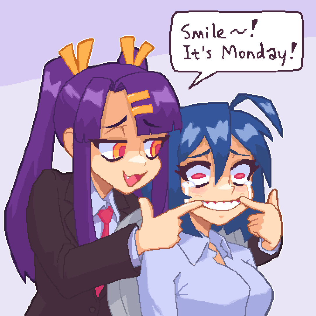 2girls ahoge black_suit blue_hair blue_shirt blythe_(hcnone) collared_shirt commentary crying crying_with_eyes_open endless_monday:_dreams_and_deadlines english_commentary english_text fang forced_smile formal_clothes hair_between_eyes hair_ornament hairclip hcnone long_sleeves multiple_girls necktie orange_eyes original pink_necktie pixel_art purple_hair red_eyes shaded_face shirt short_hair simple_background skye_(hcnone) speech_bubble suit tears twintails upper_body