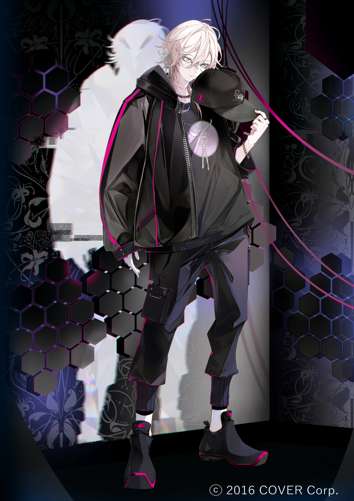 1boy :/ alternate_costume aqua_hair arm_at_side baggy_clothes baseball_cap black_background black_hat black_jacket black_shirt black_shoes bracelet chain chain_bracelet copyright_notice expressionless full_body hair_between_eyes hat highres holding holding_unworn_clothes holding_unworn_hat holostars honeycomb_(pattern) hood hood_down hooded_jacket jacket jewelry long_sleeves looking_at_viewer male_focus medium_hair multicolored_hair official_art open_clothes open_jacket pale_skin pink_hair pouch print_shirt ring shirt shoes silhouette sleeves_past_wrists solo streaked_hair thigh_pouch unworn_hat unworn_headwear utsugi_uyu virtual_youtuber white_eyes white_hair yonemuro zipper