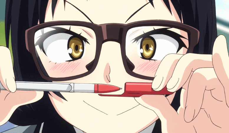1girl animated animated_gif black_hair blush female_focus glasses kajou_ayame looking_at_viewer nail_(hardware) nails pen pencil pervert playing screencap shimoneta_to_iu_gainen_ga_sonzai_shinai_taikutsu_na_sekai shirt smile solo yellow_eyes