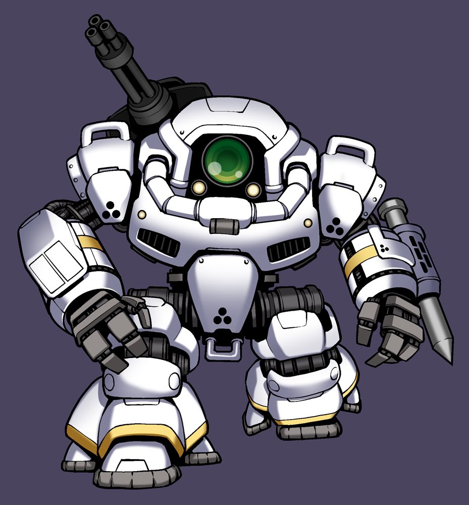 chibi fujisawa_naoyuki gatling_gun green_eyes grey_background looking_at_viewer mecha one-eyed open_hands original pile_bunker robot science_fiction shoulder_cannon solo walking