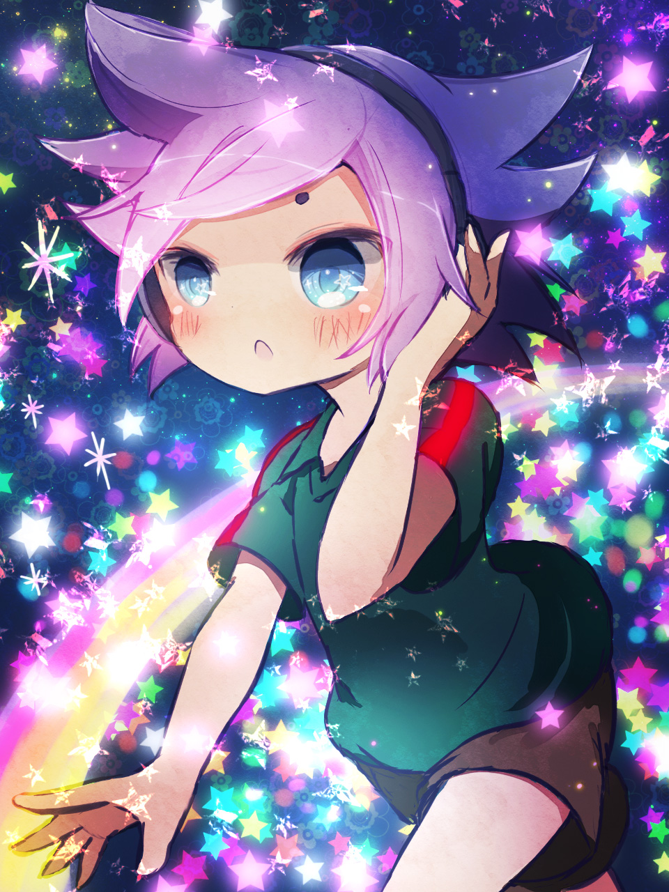 1boy bad_id bad_pixiv_id blue_eyes blush headphones highres inazuma_eleven inazuma_eleven_(series) male_focus narukami_ken&#039;ya purple_hair short_hair soccer_uniform solo sportswear star_(symbol) teikoku yoshida_(nono_ko)