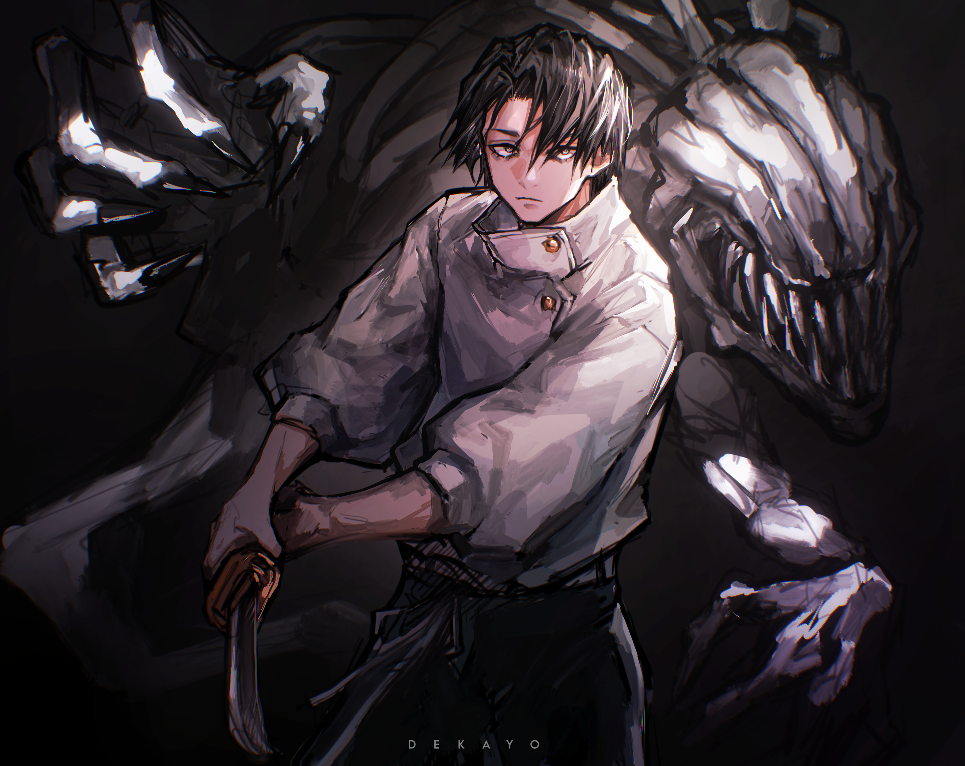 1boy 1other absurdres artist_name belt black_background black_hair black_pants black_theme buttons closed_mouth cursed_spirit_(jujutsu_kaisen) deka_yo grey_eyes high_collar highres holding holding_sword holding_weapon jacket jujutsu_kaisen jujutsu_tech_uniform katana long_sleeves looking_to_the_side monster okkotsu_yuuta orimoto_rika pants school_uniform serious shikigami short_hair sidelighting simple_background sword watermark weapon white_jacket