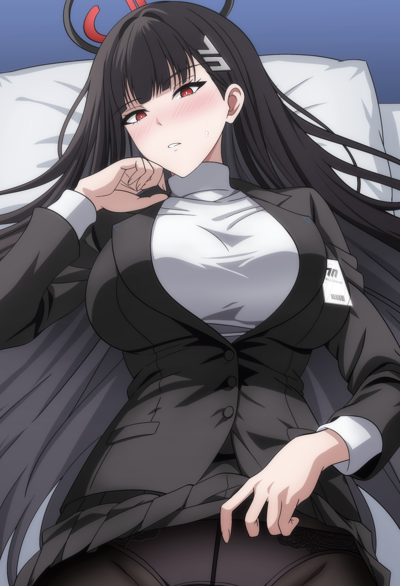 1girl black_hair black_jacket black_panties blazer blue_archive blush breasts bright_pupils buttons clothes_lift hair_ornament halo jacket lifting_own_clothes long_hair long_sleeves lying makiri_akira on_back panties panties_over_pantyhose pantyhose pleated_skirt red_eyes rio_(blue_archive) skirt skirt_lift solo sweater turtleneck turtleneck_sweater underwear white_pupils white_sweater