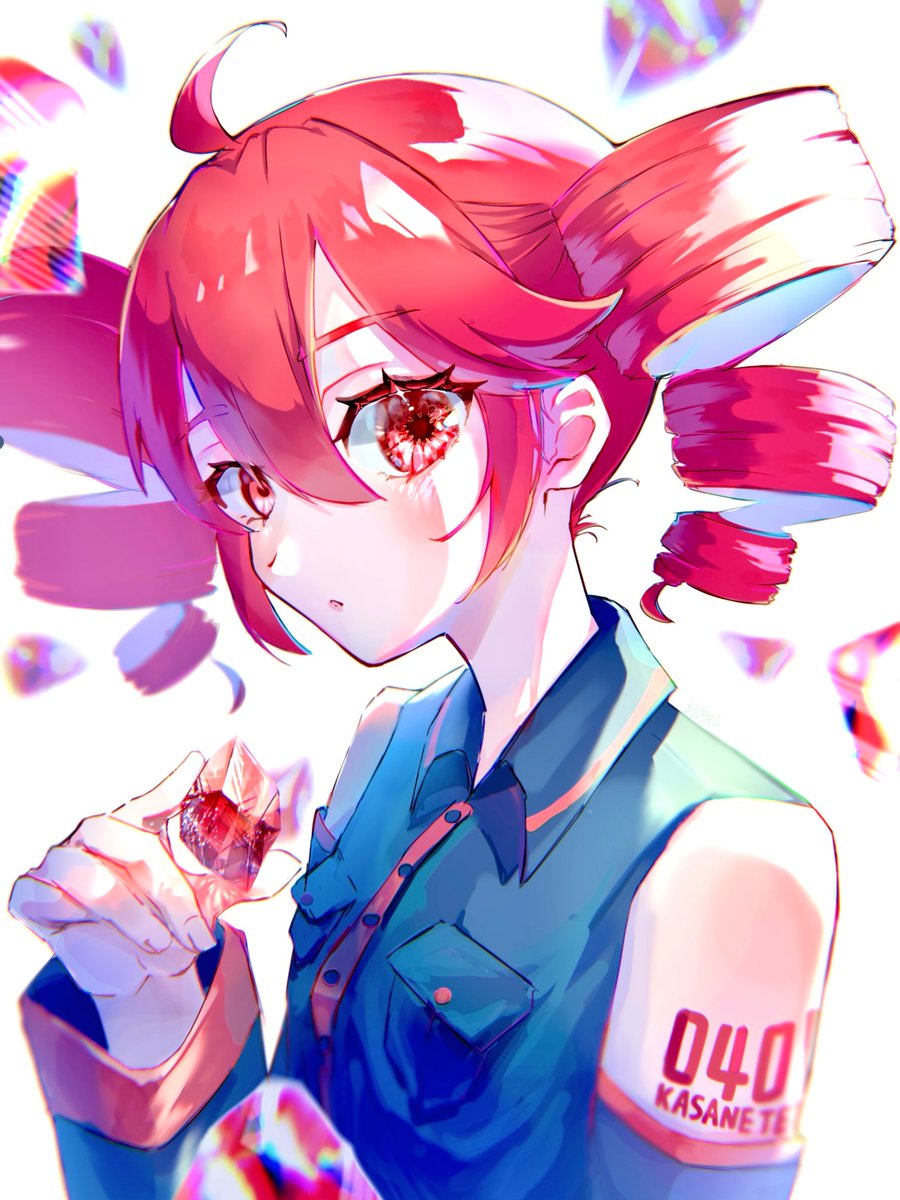 1girl ahoge bethifi black_sleeves blush buttons closed_mouth collared_shirt detached_sleeves drill_hair fingernails flat_chest from_side gem hair_between_eyes highres holding holding_gem kasane_teto kasane_teto_(utau) long_hair looking_at_viewer looking_to_the_side number_tattoo red_eyes red_gemstone red_hair red_tattoo shirt shoulder_tattoo simple_background sleeveless sleeveless_shirt solo tattoo twin_drills upper_body utau white_background wing_collar
