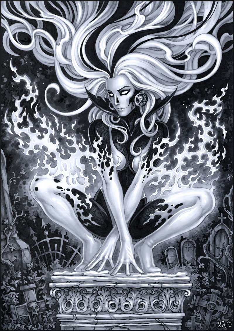 1girl artist_name black_hair bodysuit candra colored_skin dc_comics earrings female_focus fire gloves jewelry leaf long_hair monochrome multicolored_hair silver_banshee solo tombstone toon_(style) tree two-tone_hair white_eyes white_hair white_skin