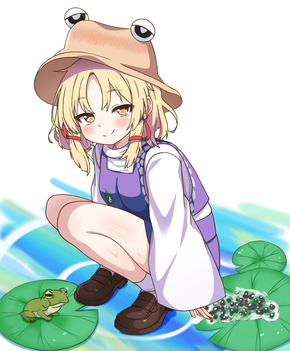 1girl black_eyes blonde_hair blush breasts brown_shoes commission day egg_laying frog frog_egg hair_ribbon half-closed_eyes hat highres horizontal_pupils lily_pad long_sleeves looking_at_viewer medium_hair moriya_suwako outdoors pixiv_commission pyonta ribbon shoes sidelocks small_breasts socks solo_focus squatting touhou water white_socks yellow_eyes yige_lurenjia