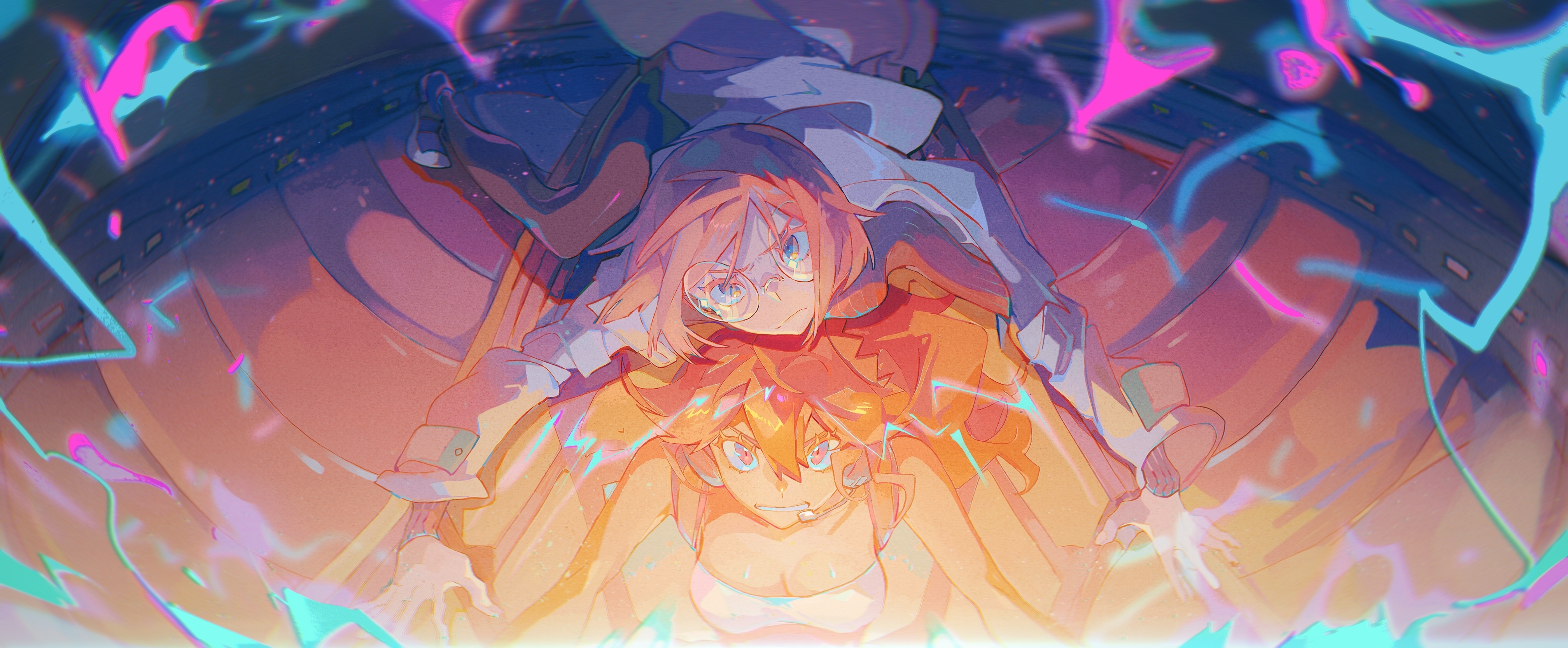 2girls absurdres aina_ardebit breasts cleavage fire glasses heris_ardebit highres medium_breasts microphone multiple_girls pantyhose promare riko-m scientist tank_top