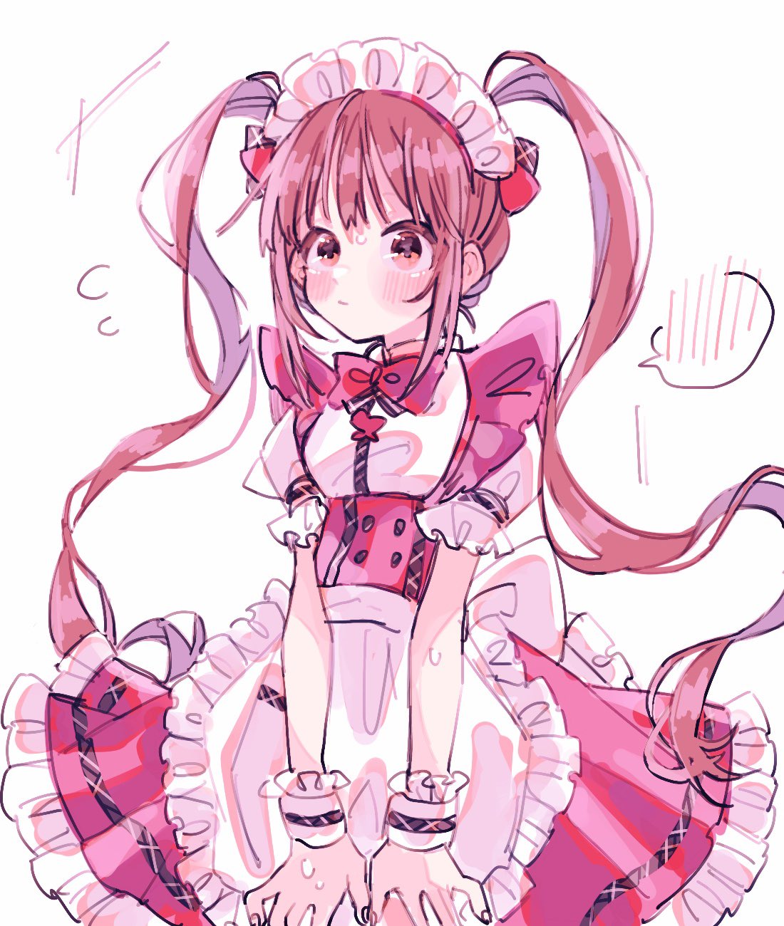 1girl apron atrdlll back_bow blush bow bowtie brown_hair dress flying_sweatdrops frilled_dress frilled_wrist_cuffs frills hair_ribbon highres idolmaster idolmaster_million_live! long_hair maid_headdress matsuda_arisa pink_bow pink_bowtie pink_dress pink_ribbon pretty_waitress_(idolmaster) ribbon shirt short_sleeves solo spoken_blush twintails upper_body waist_apron white_background white_shirt wrist_cuffs