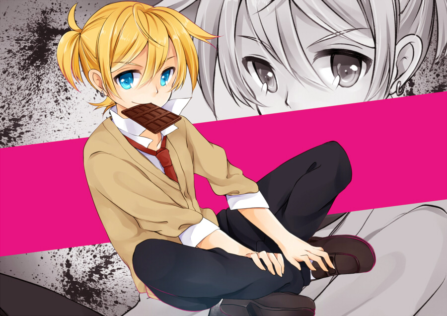 1boy blonde_hair chocolate earrings hair_between_eyes hazuki_natsu jewelry kagamine_len kusare_gedou_to_chokorewito_(vocaloid) looking_at_viewer necktie smile solo tagme vocaloid