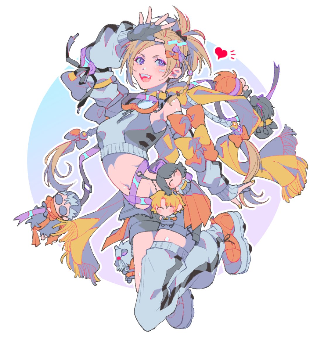 1girl alternate_costume asymmetrical_legwear auron bare_shoulders black_hair blonde_hair border bow braid breasts charm_(object) chibi crop_top detached_sleeves final_fantasy final_fantasy_x fingerless_gloves floating full_body gloves goggles goggles_around_neck grey_gloves grey_hair grey_sleeves hair_bow heart kimahri_ronso lulu_(ff10) medium_breasts micro_shorts midriff nail_polish navel open_mouth orange_bow orange_hair orange_shoes pokashi ponytail purple_background purple_bow purple_eyes rikku_(ff10) shoes short_hair_with_long_locks shorts single_thighhigh sleeveless sleeveless_turtleneck smile sneakers sunglasses swept_bangs thighhighs tidus turtleneck twin_braids wakka white_border yellow_nails yuna_(ff10)
