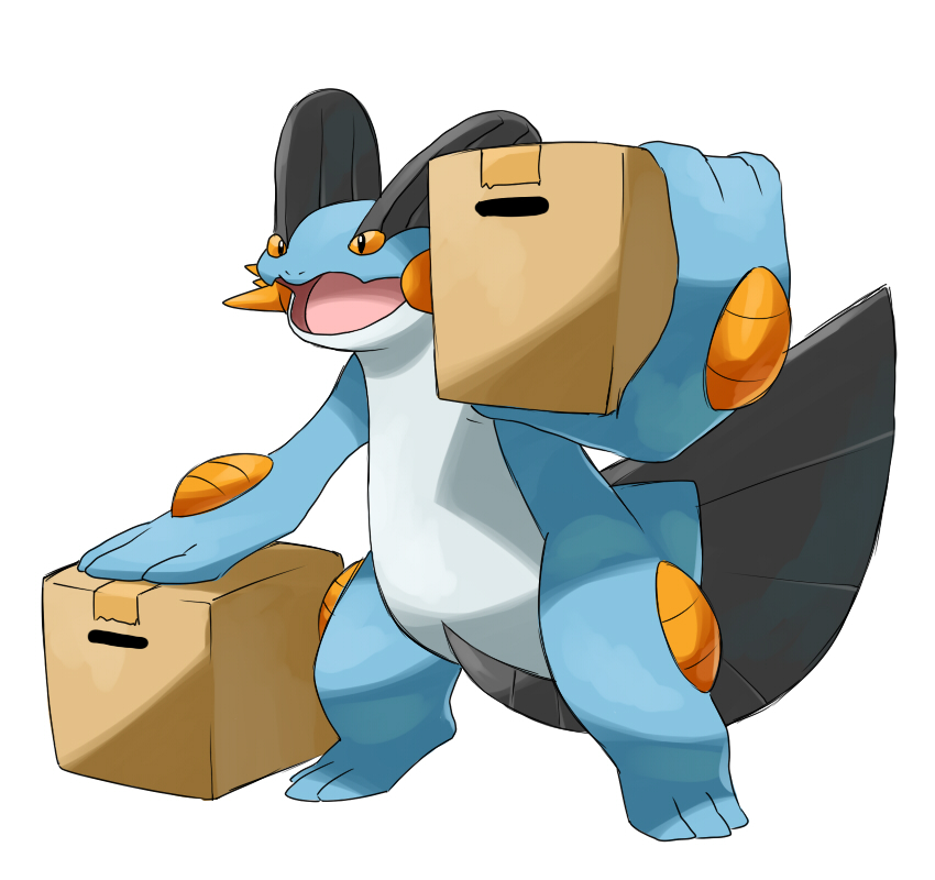 box cardboard_box gen_3_pokemon good_frog holding holding_box nintendo no_humans open_mouth orange_eyes pokemon pokemon_(creature) simple_background solo standing swampert white_background