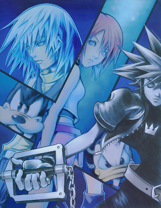 blue_eyes brown_hair chain crown donald_duck closed_eyes goofy grey_hair hand_on_weapon jewelry kairi_(shery_rakuura) keyblade kingdom_hearts long_hair looking_at_viewer looking_back necklace official_art red_hair riku_(kingdom_hearts) short_hair smile sora_(kingdom_hearts) spiked_hair weapon