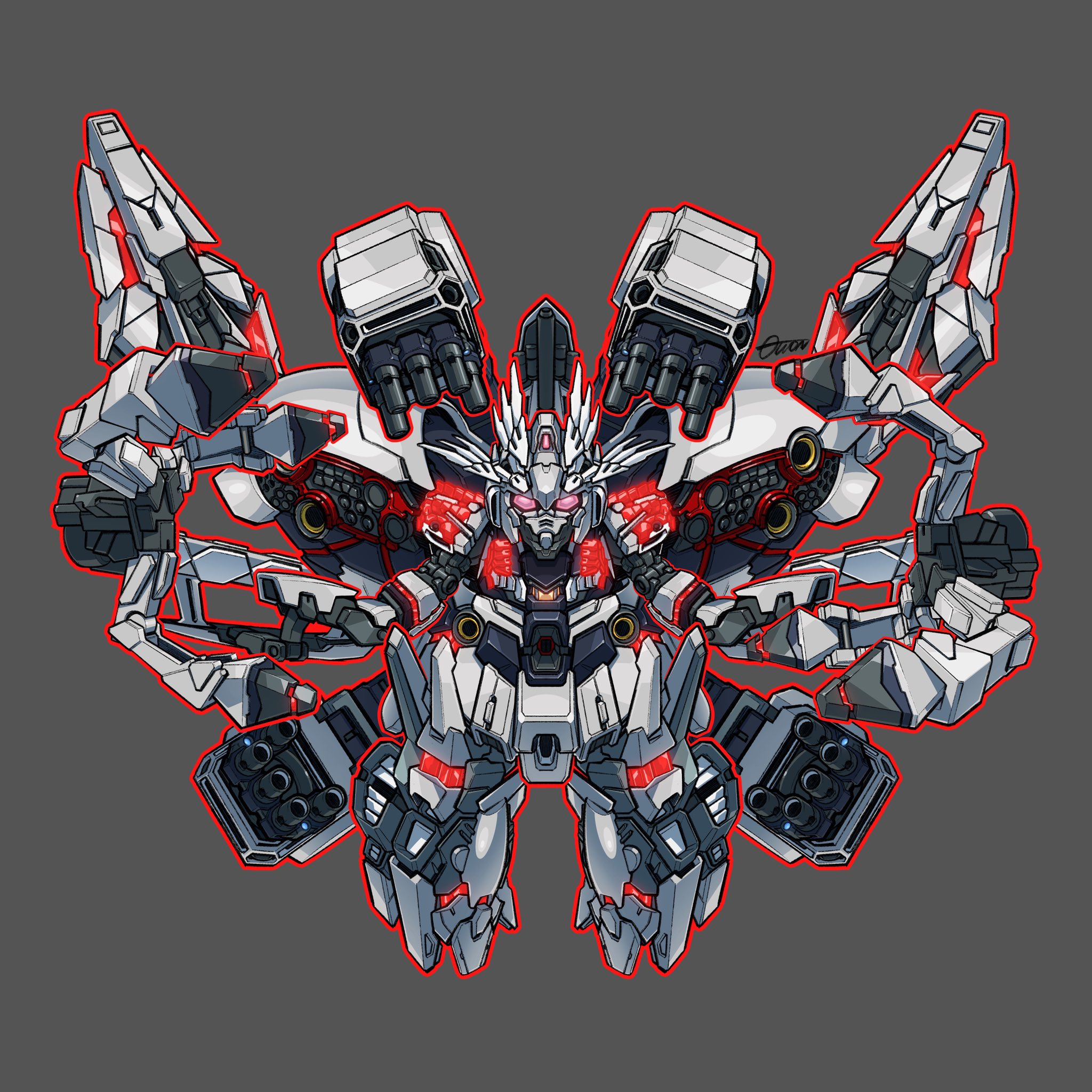 chibi commentary english_commentary extra_arms fusion grey_background gundam gundam_narrative highres ii_neo_zeong looking_at_viewer mecha mecha_focus mobile_armor mobile_suit narrative_gundam nt-d outline pink_eyes red_outline robot science_fiction sd_gundam signature solo toilobo unicorn_gundam_phenex v-fin