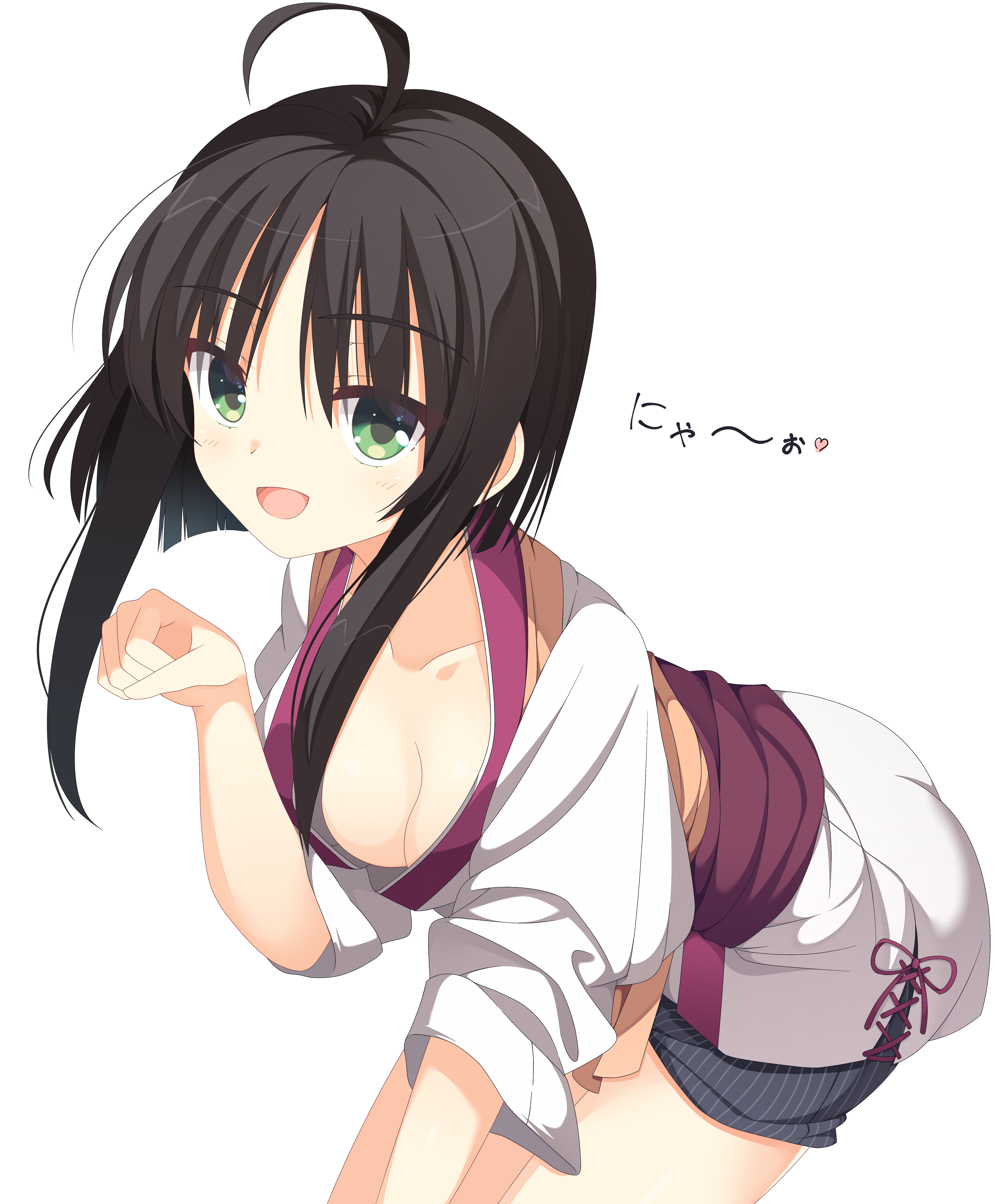 1girl :d absurdres ahoge black_hair black_shorts blunt_ends breasts cleavage collarbone commentary cowboy_shot eyes_visible_through_hair green_eyes hair_between_eyes hand_up happy heart highres hitachi_mako japanese_clothes kaon_zz kimono leaning_forward light_blush looking_at_viewer medium_breasts official_alternate_costume open_mouth paid_reward_available paw_pose senren_banka short_hair_with_long_locks shorts simple_background sleeves_rolled_up smile solo striped_clothes striped_shorts translated vertical-striped_clothes vertical-striped_shorts white_background white_kimono