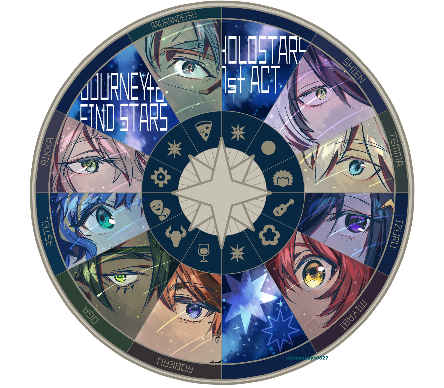 6+boys aqua_eyes aragami_oga arurandeisu astel_leda black_hair blonde_hair blue_eyes blue_hair character_name column_lineup copyright_name dark-skinned_male dark_skin eye_focus eyepatch glasses green_eyes grey_eyes grey_hair hair_between_eyes hair_ornament hairclip hanasaki_miyabi highres holostars kageyama_shien kanade_izuru kishido_temma lightning_bolt lightning_bolt_hair_ornament lightning_bolt_symbol looking_at_viewer looking_up male_focus meteor_shower mole mole_under_eye multicolored_hair multiple_boys ninahachi orange_hair pink_hair purple_eyes red_hair rikka_(holostars) round_image shooting_star sky split_crop star_(sky) star_(symbol) star_trail starry_sky streaked_hair two-tone_hair virtual_youtuber wavy_hair white_background white_hair yellow_eyes yukoku_roberu