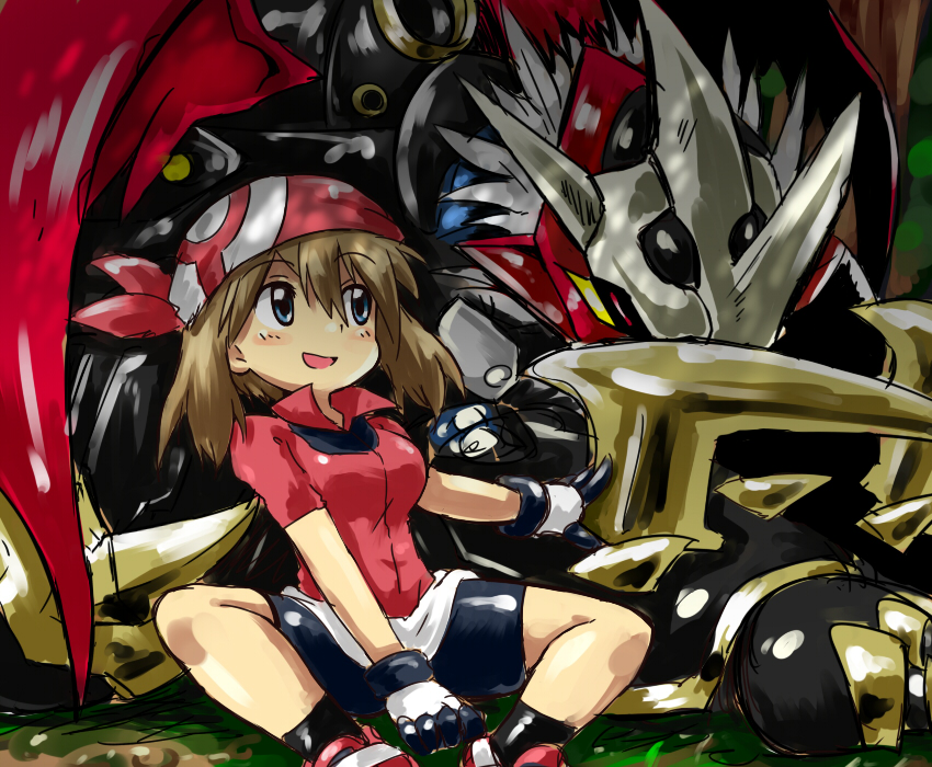 1girl blush brown_hair digimon digimon_(creature) gloves horns imperialdramon imperialdramon_dragon_mode may_(pokemon) n36hoko nintendo pokemon pokemon_rse smile