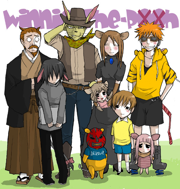 3girls 6+boys animification child christopher_robin cowboy cowboy_hat cowboy_western disney eeyore everyone faceless faceless_male hat japanese_clothes kanga mask multiple_boys multiple_girls owl_(winnie_the_pooh) parody personification piglet_(winnie_the_pooh) pooh rabbit_(winnie_the_pooh) roo tigger translated western winnie_the_pooh