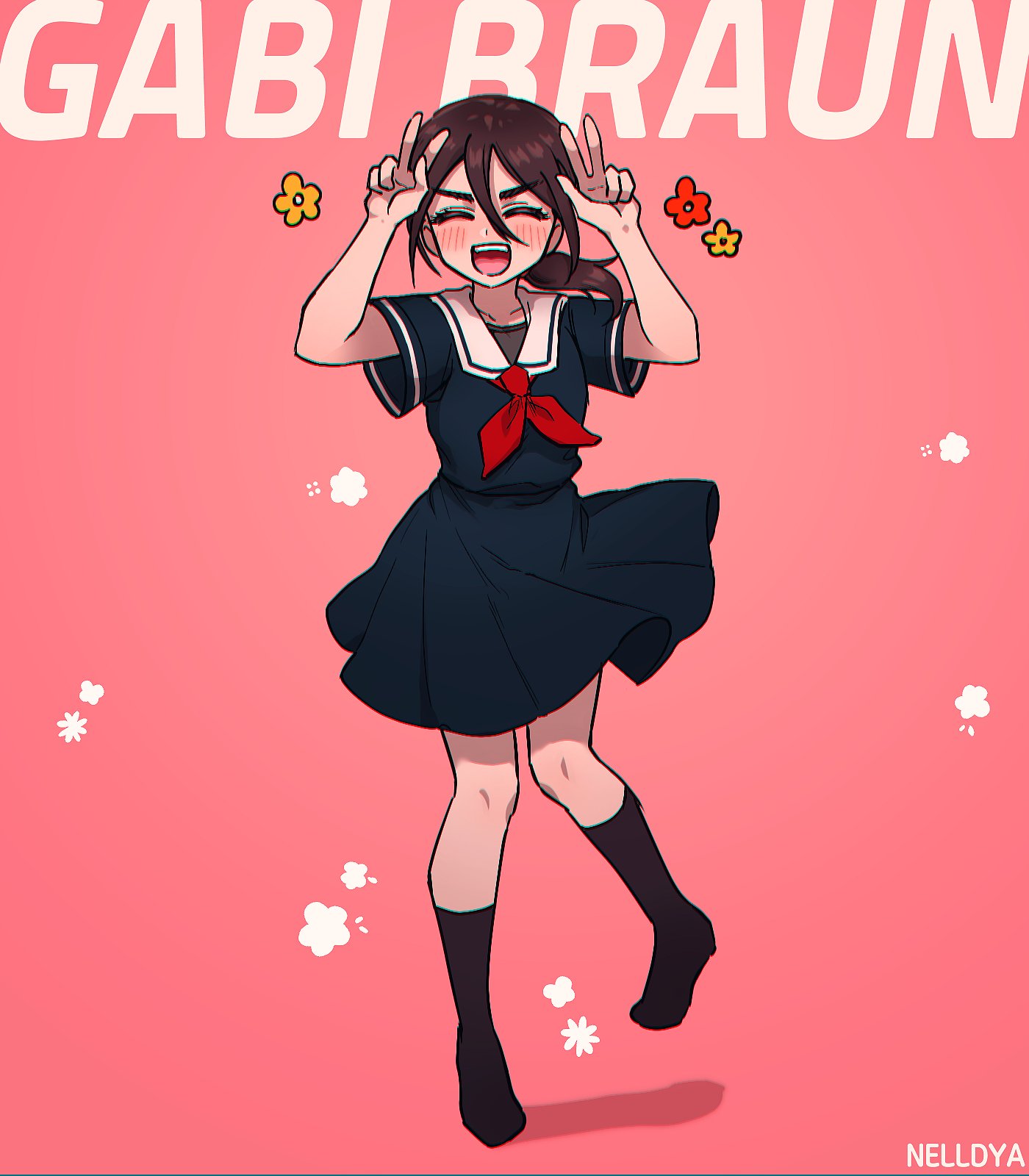 1girl artist_name black_serafuku black_skirt black_socks brown_hair character_name chromatic_aberration closed_eyes commentary contemporary double_w full_body gabi_braun highres kneehighs medium_skirt mina_(als_dk) necktie no_shoes open_mouth ponytail red_necktie sailor_collar school_uniform serafuku shingeki_no_kyojin skirt smile socks solo w white_sailor_collar
