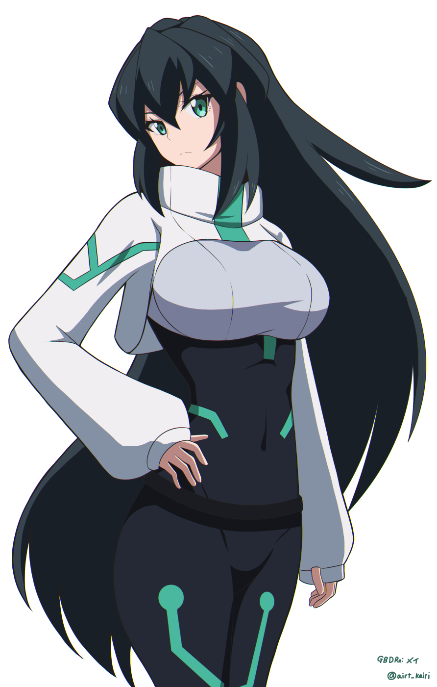 1girl artist_name black_bodysuit black_hair bodysuit breasts character_name commentary_request covered_navel green_eyes gundam gundam_build_divers gundam_build_divers_re:rise hand_on_own_hip highres kairi_(fotune) large_breasts long_hair looking_at_viewer may_(gundam_build_divers_re:rise) shrug_(clothing) solo very_long_hair white_background
