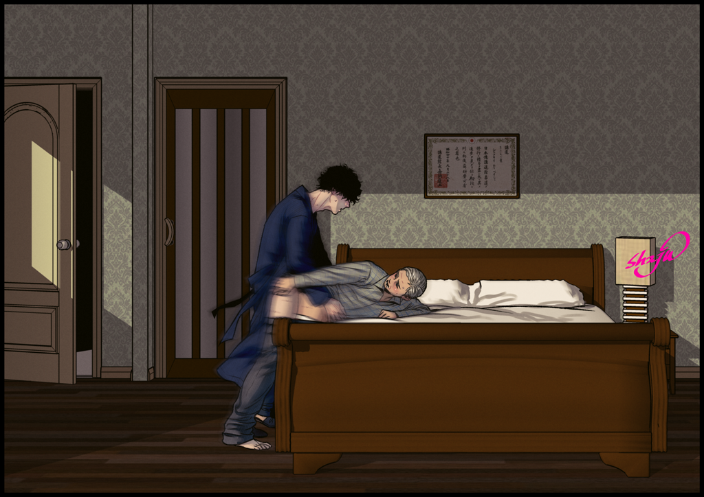 2boys anal ass bed bed_sheet bedroom black_hair blonde_hair clothed_sex john_hamish_watson male_focus male_penetrated multiple_boys pillow sex sherlock_(bbc) sherlock_holmes sherlock_holmes_(sherlock) sweat text_focus undressing yaoi