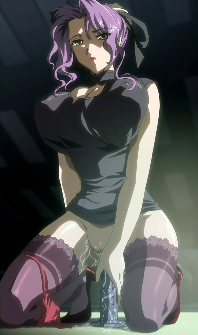 00s ane_to_boin breasts cleavage dildo green_eyes hair_ornament hanamaru_kaoruko high_heels huge_breasts large_breasts looking_at_viewer masturbation panties panties_around_leg purple_hair pussy_juice red_panties sex_toy stitched suction_cup_dildo thighhighs third-party_edit underwear