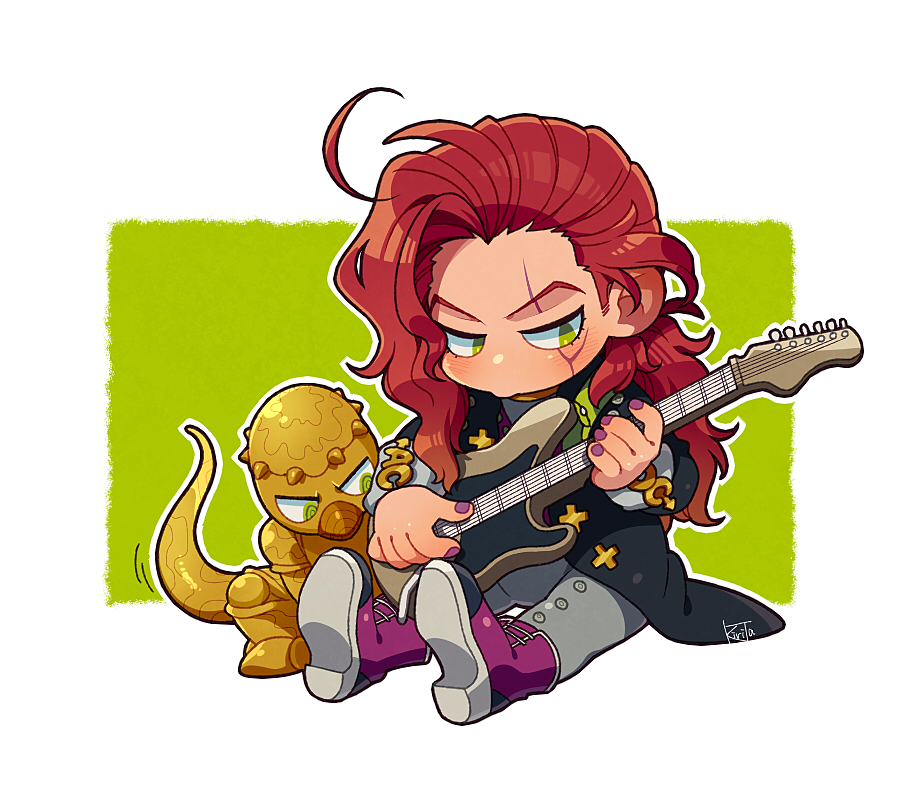 2boys boots electric_guitar green_eyes guitar instrument jacket jojo_no_kimyou_na_bouken kiri_futoshi male_focus motion_lines multiple_boys music nail_polish otoishi_akira playing_instrument purple_footwear purple_nails red_hair red_hot_chili_pepper_(stand) signature sitting stand_(jojo)