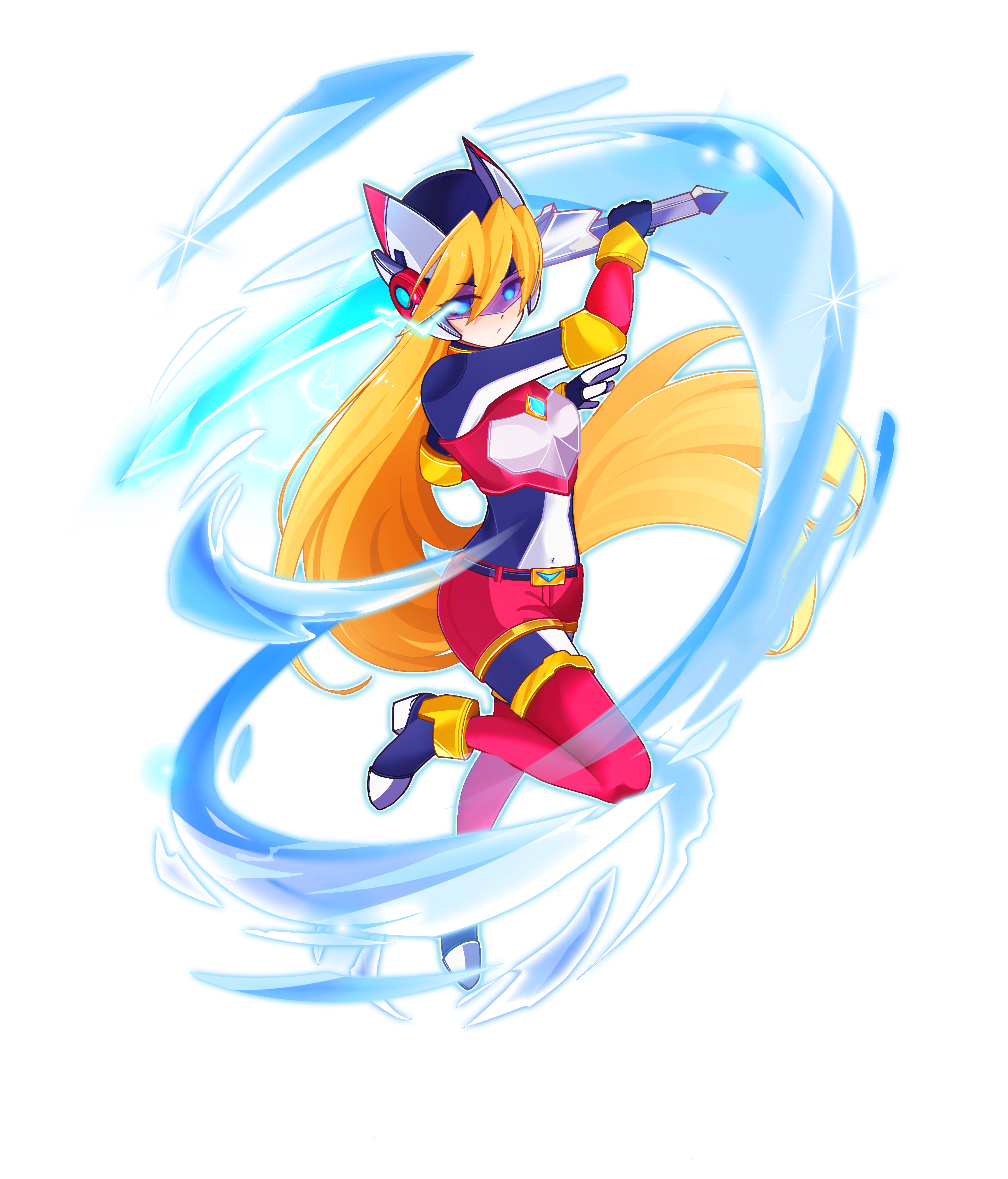 1girl absurdres aizeis alternate_costume alternate_hairstyle armor armored_boots attack belt blonde_hair body_armor bodystocking boots breasts chest_jewel ciel_(mega_man) commission commissioner_upload covered_navel elbow_gloves energy_sword fighting_stance gauntlets gloves glowing glowing_eyes hair_down helmet high_heel_boots high_heels highres jumping long_bangs long_hair looking_at_viewer mechanical_ears mega_man_(series) mega_man_zero_(series) mega_man_zx model_z_(mega_man) non-web_source petite shorts slashing small_breasts spinning sword thigh_boots thighs weapon