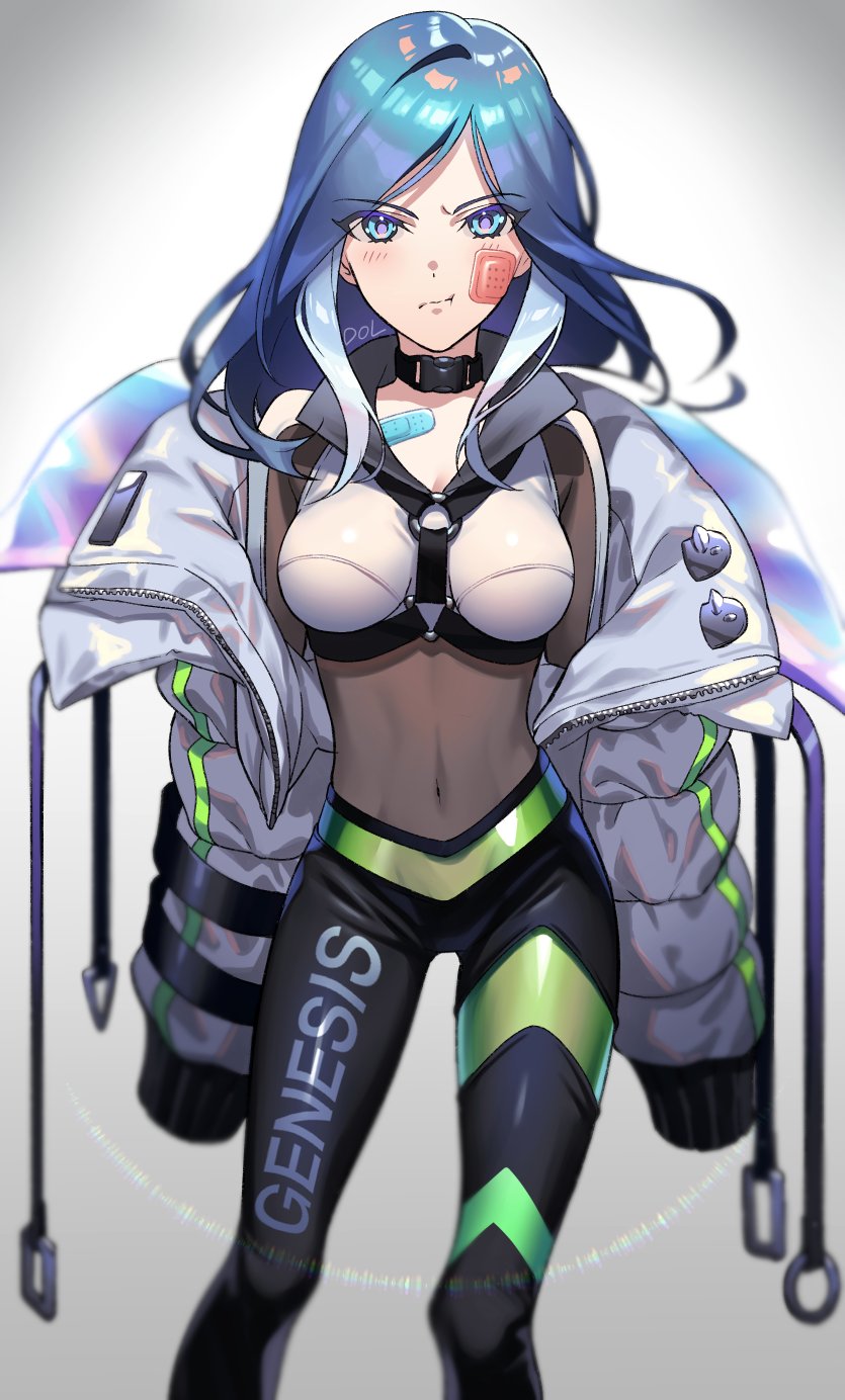 1girl bandaid bandaid_on_cheek bandaid_on_chest bandaid_on_face black_choker blue_eyes blue_hair blush choker closed_mouth dolustoy harness highres inazuma_eleven inazuma_eleven_(series) jacket leggings long_hair looking_at_viewer midriff multicolored_hair navel o-ring o-ring_harness open_clothes open_jacket simple_background solo two-tone_background two-tone_hair urubida white_hair white_jacket