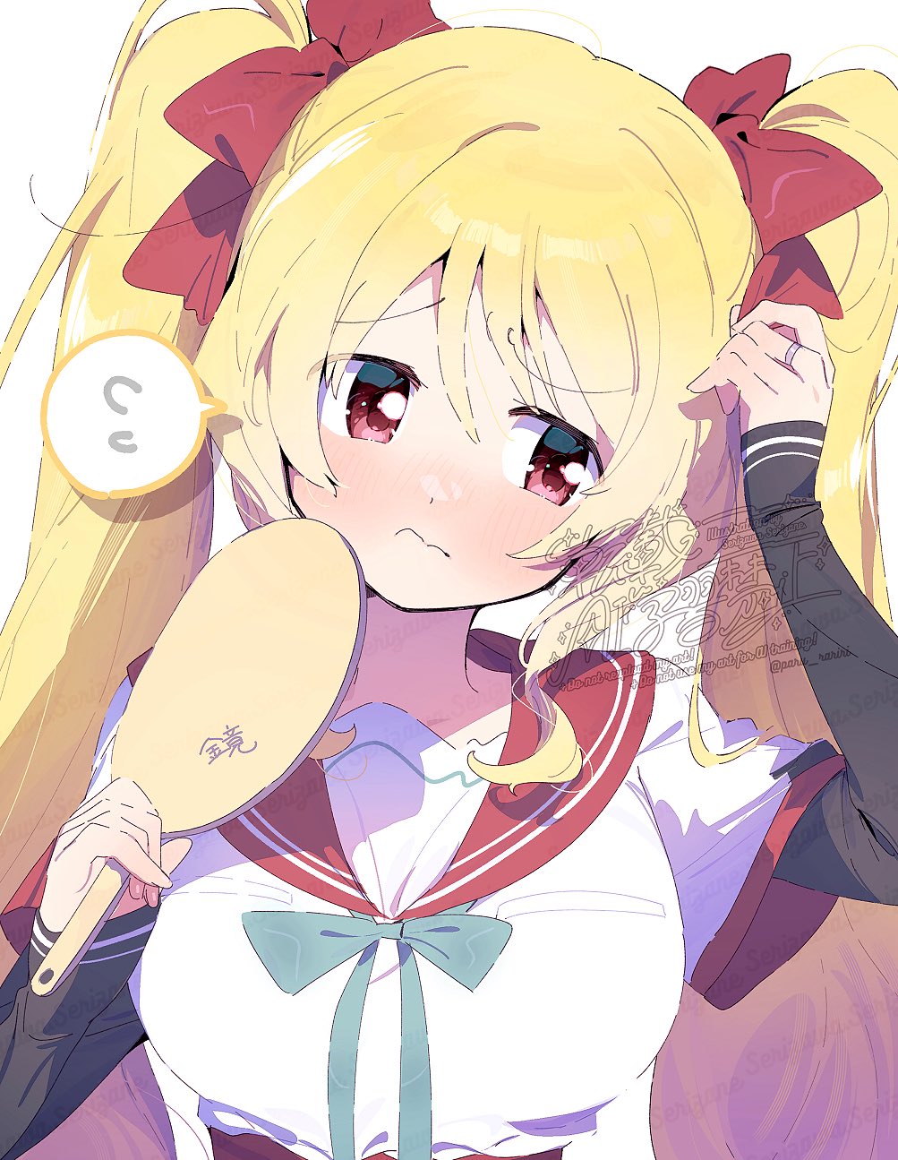 1girl alternate_hairstyle artist_name black_sleeves blonde_hair blue_bow blue_bowtie blush bow bowtie breast_pocket closed_mouth commentary_request dot_nose embarrassed flying_sweatdrops frown hair_bow hand_mirror hand_on_own_head head_tilt high-waist_skirt highres holding holding_mirror jewelry kamihama_university_affiliated_school_uniform layered_sleeves long_hair long_sleeves looking_to_the_side magia_record:_mahou_shoujo_madoka_magica_gaiden mahou_shoujo_madoka_magica mirror paru_rari pink_eyes pocket raised_inner_eyebrows red_bow red_sailor_collar red_skirt ring sailor_collar school_uniform shirt short_over_long_sleeves short_sleeves sidelocks simple_background skirt sleeves_past_wrists solo spoken_flying_sweatdrops togame_momoko twintails upper_body very_long_hair watermark wavy_hair wavy_mouth white_background white_shirt