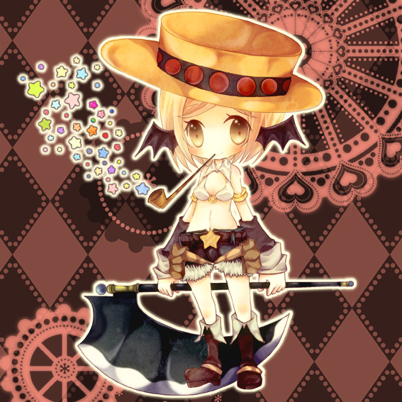 1girl argyle_background axe belt belt_buckle belt_pouch bikini bikini_top_only blonde_hair blush boots breasts brown_background brown_belt brown_boots brown_hat buckle chibi chibi_only closed_mouth commentary_request fold-over_boots full_body fur-trimmed_shorts fur_trim gears hat holding holding_axe keimari looking_at_viewer medium_breasts navel pouch ragnarok_online short_hair short_shorts shorts smile smoking_pipe solo star_(symbol) swimsuit top_hat white_bikini whitesmith_(ragnarok_online) yellow_eyes