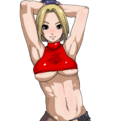 1girl abs armpits arms_behind_head arms_up belt blonde_hair blue_mary breasts chiisan fatal_fury female_focus looking_at_viewer lowres medium_breasts midriff muscular navel no_bra short_hair simple_background snk solo the_king_of_fighters toned underboob upper_body white_background