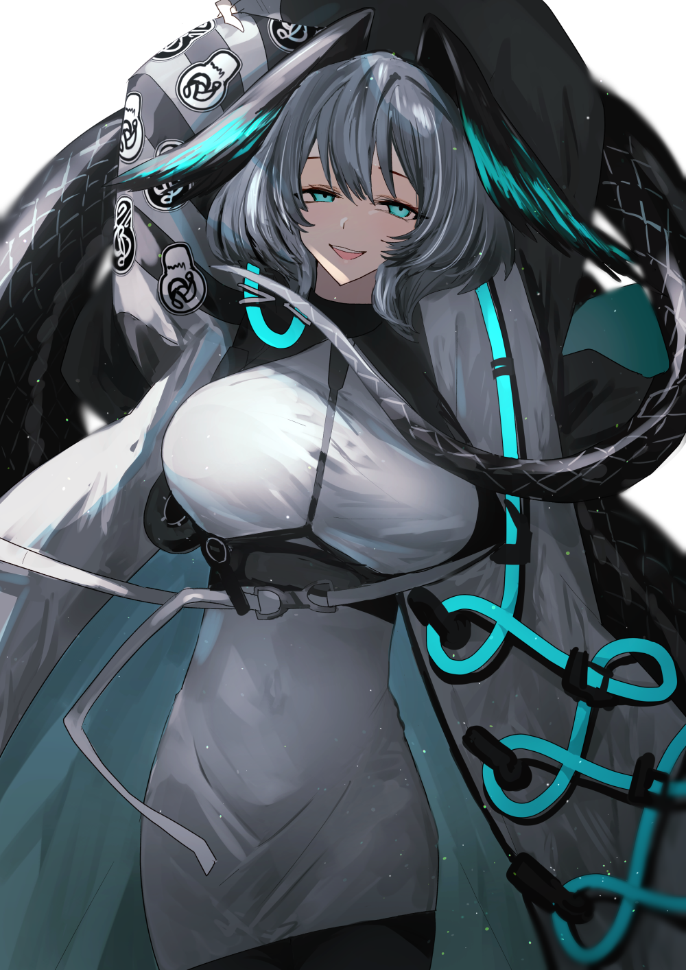 1girl :d aqua_eyes arknights arms_up breasts coat cowboy_shot dress facing_viewer grey_hair hair_between_eyes head_wings highres ho&#039;olheyak_(arknights) iwashi_80 long_sleeves medium_hair open_clothes open_mouth sideways_glance simple_background smile snake_tail solo tail teeth upper_teeth_only white_background white_dress wings