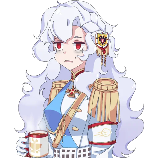1girl aiguillette alpha_(alpha_1918) armband blank_eyes blue_sash buttons coffee collar cross cross_pendant cup epaulettes exhausted findoworld fluffy fluffy_hair frown gloves gold_buttons gold_trim hair_ornament hair_over_shoulder holding holding_cup lips long_hair military military_uniform open_mouth original red_eyes red_sleeve_cuffs russian_empire sash sleeve_cuffs solo sputnik_and_pogrom steam sticker transparent transparent_background very_long_hair white_gloves white_hair
