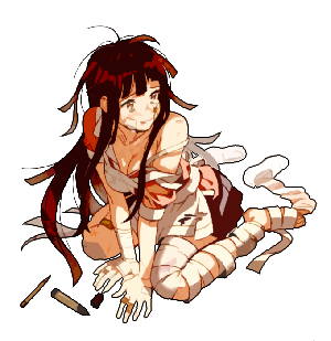 1girl arm_support bandaged_leg bandages bare_shoulders black_hair breasts cleavage commentary_request danganronpa_(series) danganronpa_2:_goodbye_despair dg_xhs disheveled full_body korean_commentary large_breasts long_hair lowres off_shoulder pixel_art short_sleeves simple_background sitting solo tsumiki_mikan wariza white_background