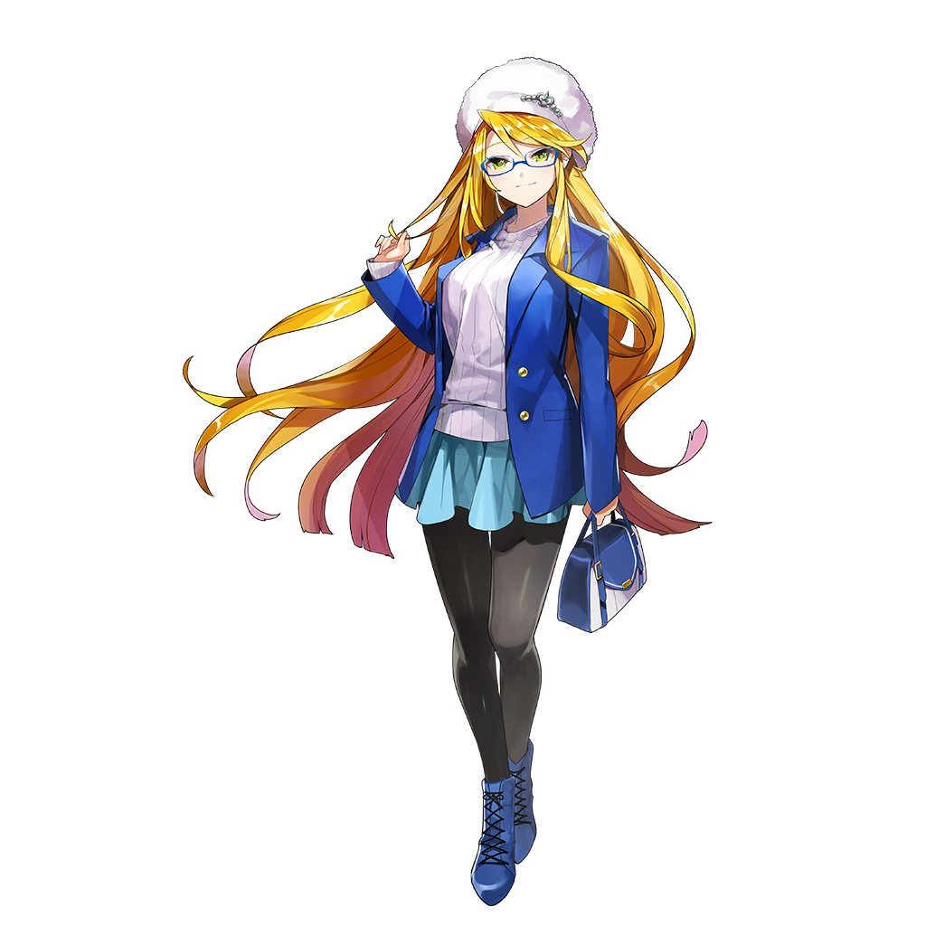 1girl bag black_pantyhose blonde_hair blue_boots blue_coat blue_skirt boots breasts coat fur_hat glasses hat holding holding_bag large_breasts long_hair masyu_yuyu pantyhose skirt sweater torte_zief uchi_no_hime-sama_ga_ichiban_kawaii white_hat white_sweater yellow_eyes