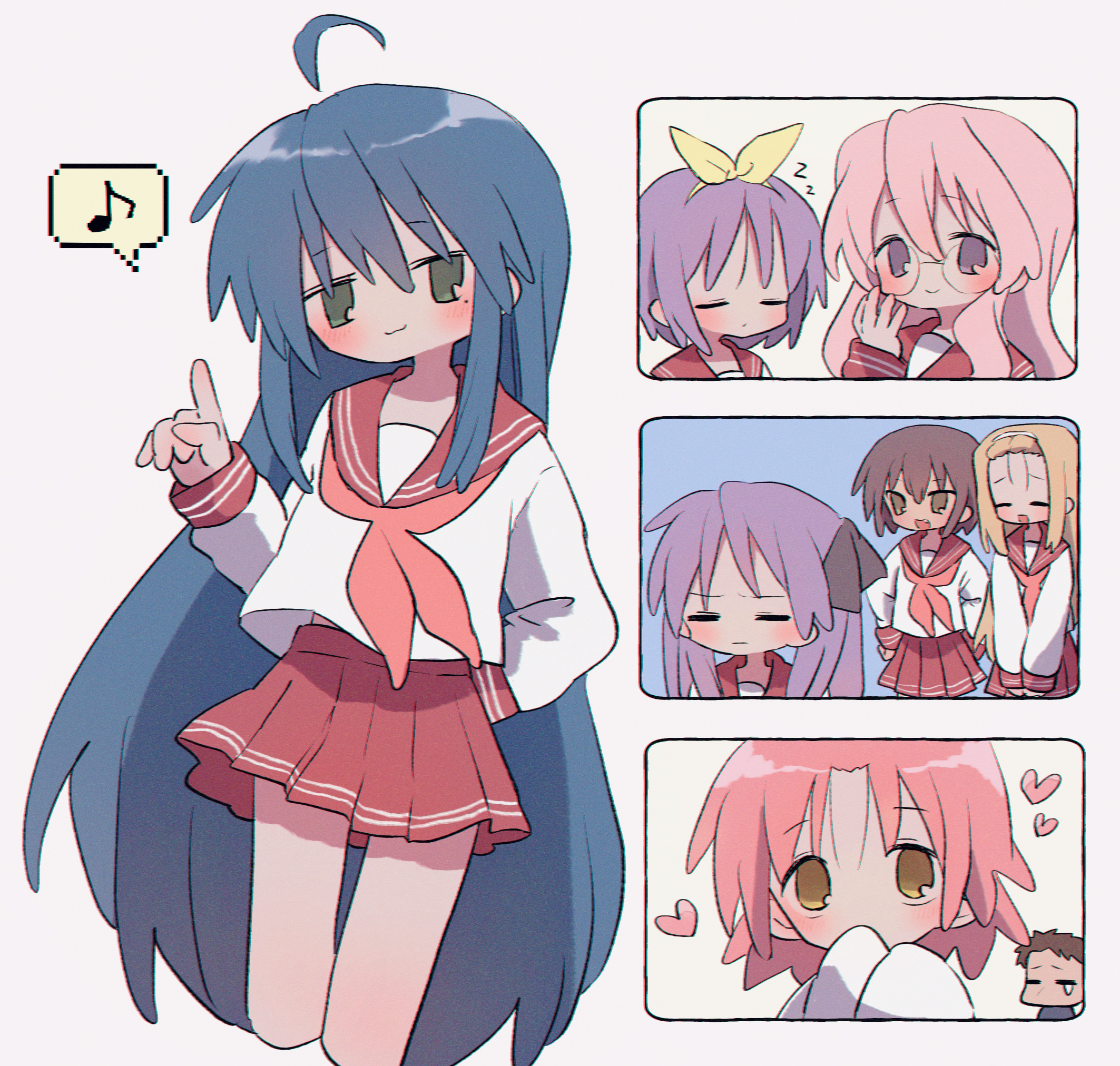 1boy 6+girls :3 :d :| ahoge arm_behind_back blonde_hair brown_hair closed_mouth collarbone green_eyes hairband highres hiiragi_kagami hiiragi_tsukasa izumi_konata kogami_akira kusakabe_misao light_blush long_hair long_sleeves looking_at_viewer lucky_star minegishi_ayano miniskirt multiple_girls musical_note open_mouth pink_hair purple_hair red_sailor_collar red_serafuku red_skirt ri_(qrcode) round_eyewear sailor_collar school_uniform serafuku shiraishi_minoru short_hair skirt sleeves_past_fingers sleeves_past_wrists smile speech_bubble spoken_musical_note spoken_zzz takara_miyuki upper_body very_long_hair white_background yellow_hairband zzz
