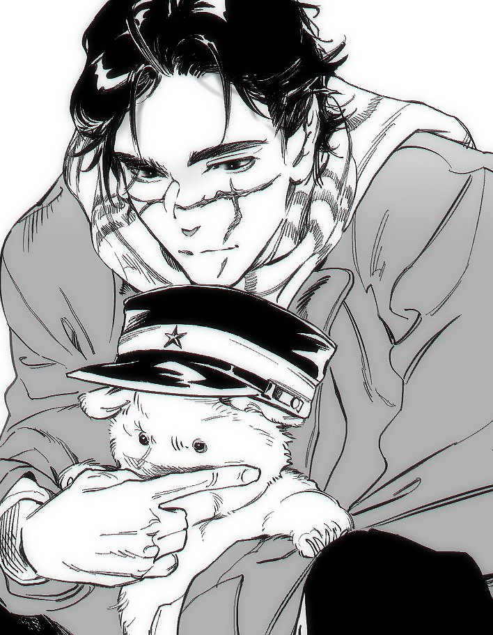 1boy animal bear black_hat closed_mouth commentary english_commentary facial_scar golden_kamuy hat holding holding_animal imperial_japanese_army luke_skyfaller military_hat scar scar_on_cheek scar_on_face scar_on_mouth scar_on_nose scarf sideburns smile sugimoto_saichi thick_eyebrows yellow_scarf