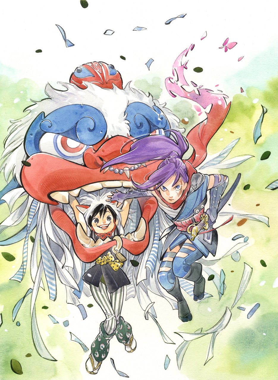 black_hair blue_eyes breasts elbow_gloves gloves highres holding holding_sword holding_weapon japanese_clothes katana kimono long_hair looking_at_viewer marvel marvel_rivals official_art peach_momoko peni_parker ponytail psylocke psylocke_(sai) purple_eyes purple_hair sarashi sash scarf spider-man_(series) superhero_costume sword weapon x-men