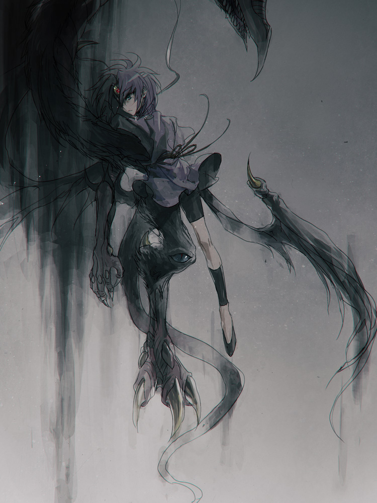 1other creature demon_wings facial_mark facing_viewer forehead_mark grey_background looking_to_the_side midair moribuden purple_hair purple_shirt shadow shirt white_string wings yu-gi-oh! yu-gi-oh!_gx yubel yubel_(human)