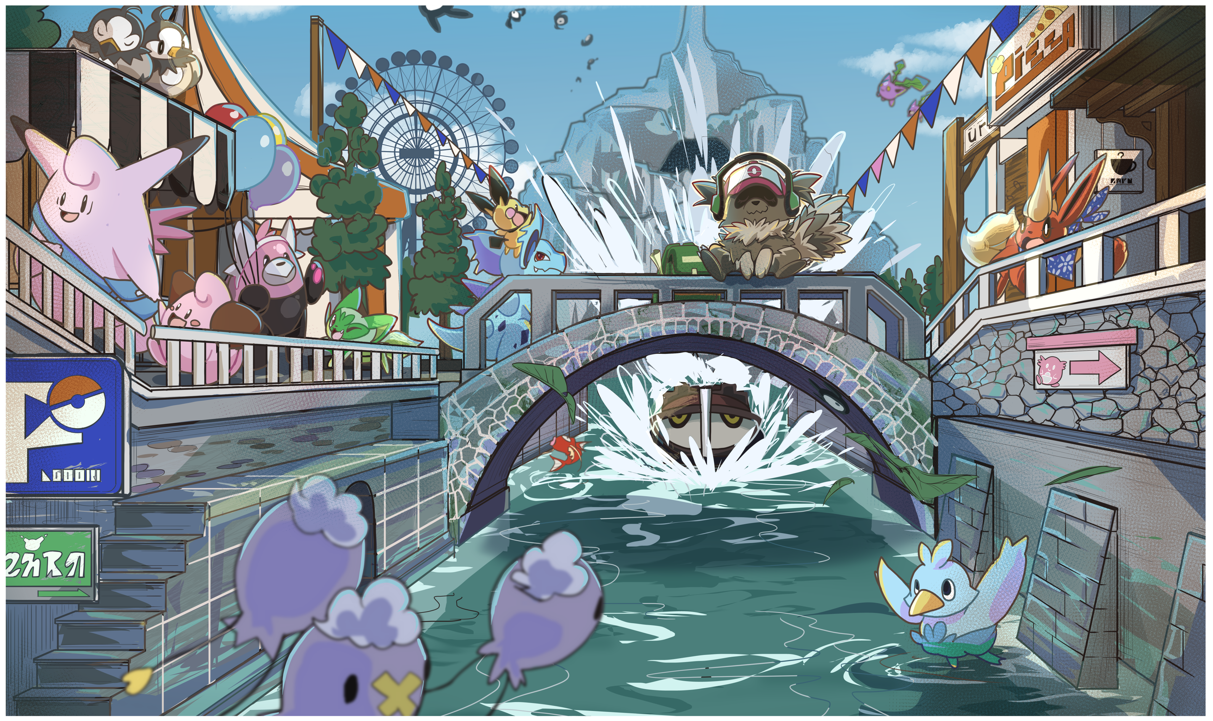 :d absurdres balloon bewear bird blush_stickers bridge canal circus_tent clefable cleffa commentary_request commission day drifloon ducklett falling_leaves fence ferris_wheel flareon gen_1_pokemon gen_2_pokemon gen_3_pokemon gen_4_pokemon gen_5_pokemon gen_7_pokemon highres holding_hands hoppip leaf magikarp market_stall nidorina nikkado nintendo open_mouth outdoors pichu poke_ball_print pokemon skeb_commission sky smile splashing sprigatito stairs standing starly tree unown water zigzagoon