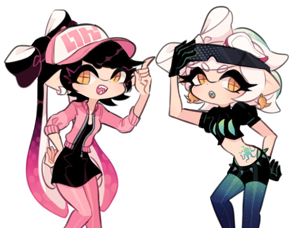 2girls adjusting_eyewear alternate_costume bad_id bad_twitter_id baseball_cap black_dress black_gloves black_hair black_shirt black_shorts blue_pantyhose bow-shaped_hair callie_(agent_1_casual)_(splatoon) callie_(octo_idol_outfit)_(splatoon) callie_(splatoon) callie_(splatoon)_(cosplay) cephalopod_eyes charamells cosplay cowboy_shot cropped_shirt dress eyelashes eyewear_on_head fashion gloves gradient_hair gradient_legwear hand_on_eyewear hand_on_own_hip hat hip_tattoo jacket long_hair long_sleeves looking_at_viewer marie_(splatoon) multicolored_hair multiple_girls nintendo octopus_earrings octopus_tattoo open_clothes open_jacket open_mouth pantyhose pink_hair pink_hat pink_jacket pink_pantyhose pointy_ears puffy_short_sleeves puffy_sleeves sharp_teeth shirt short_dress short_hair short_shorts short_sleeves shorts simple_background smile spikes splatoon_(series) stomach sunglasses sweater_jacket tattoo teeth tentacle_hair twintails two-tone_headwear very_long_hair white_background white_hair white_hat yellow_eyes zipper
