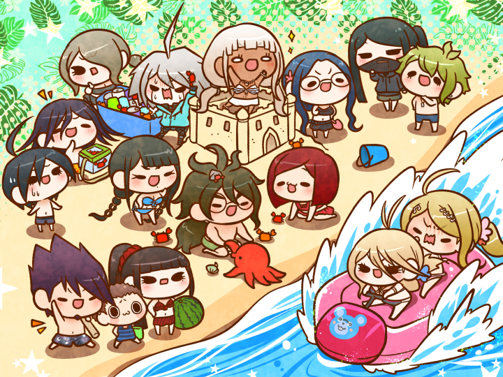 6+boys 6+girls :3 ahoge akamatsu_kaede all_fours alternate_costume alternate_hairstyle amami_rantaro androgynous anklet antenna_hair arm_up armlet bare_arms bare_legs bare_shoulders barefoot beach bead_anklet bead_bracelet bead_necklace beads bikini black-framed_eyewear black_bikini black_bow black_eyes black_hair black_hoodie black_mask black_one-piece_swimsuit black_sarong black_sleeves blonde_hair blue_bikini blue_flower blue_hair blue_hoodie blue_male_swimwear blue_one-piece_swimsuit blue_sleeves blunt_bangs blunt_ends bow bracelet breasts bucket cage can chabashira_tenko chibi cleavage closed_mouth cooler covered_mouth crab crab_on_head danganronpa_(series) danganronpa_v3:_killing_harmony dark-skinned_female dark_skin everyone eyelashes facial_hair flower food fortissimo frilled_bikini frills fruit furrowed_brow glasses goatee gokuhara_gonta green_hair green_male_swimwear grey_male_swimwear hair_between_eyes hair_flower hair_ornament hair_over_one_eye hair_scrunchie hand_on_own_chin hands_on_own_hips harukawa_maki height_difference hermit_crab high_ponytail holding holding_cage holding_food holding_fruit hood hood_down hoodie hoshi_ryoma bug_cage iruma_miu jewelry k1-b0 kneeling laughing leaf leaf_background leaning_forward light_blush long_hair long_sleeves low_ponytail low_twintails male_swimwear mask medium_breasts medium_hair messy_hair mole mole_under_eye mole_under_mouth momota_kaito mouth_mask multiple_boys multiple_girls musical_note musical_note_hair_ornament navel necklace notice_lines ocean octopus oma_kokichi one-piece_swimsuit open_mouth orange_male_swimwear outdoors pendant pink_bikini pink_flower ponytail purple_hair red_bikini red_hair red_sarong red_scrunchie round_eyewear saihara_shuichi sand_castle sand_sculpture sarong scrunchie shadow shell shell_necklace shinguji_korekiyo shirogane_tsumugi shore short_hair sitting small_breasts smile solid_oval_eyes space_print spiked_hair standing starry_sky_print stomach string_bikini striped_bikini striped_clothes sweat swim_trunks swimsuit tojo_kirumi topless_male twintails two-tone_one-piece_swimsuit v-shaped_eyebrows very_long_hair watermark watermelon wavy_hair wavy_mouth white_bikini white_eyes white_hair white_sarong yonaga_angie yumaru_(marumarumaru) yumeno_himiko zipper