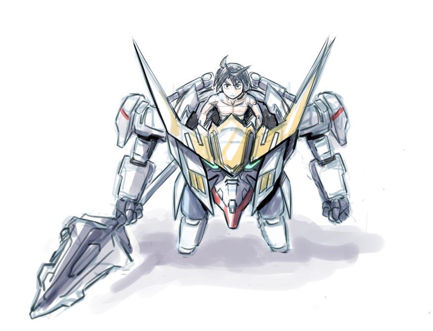 1boy black_hair gundam gundam_barbatos gundam_tekketsu_no_orphans male_focus mikazuki_augus parody topless_male short_hair sketch solo tengen_toppa_gurren_lagann yanagi_joe