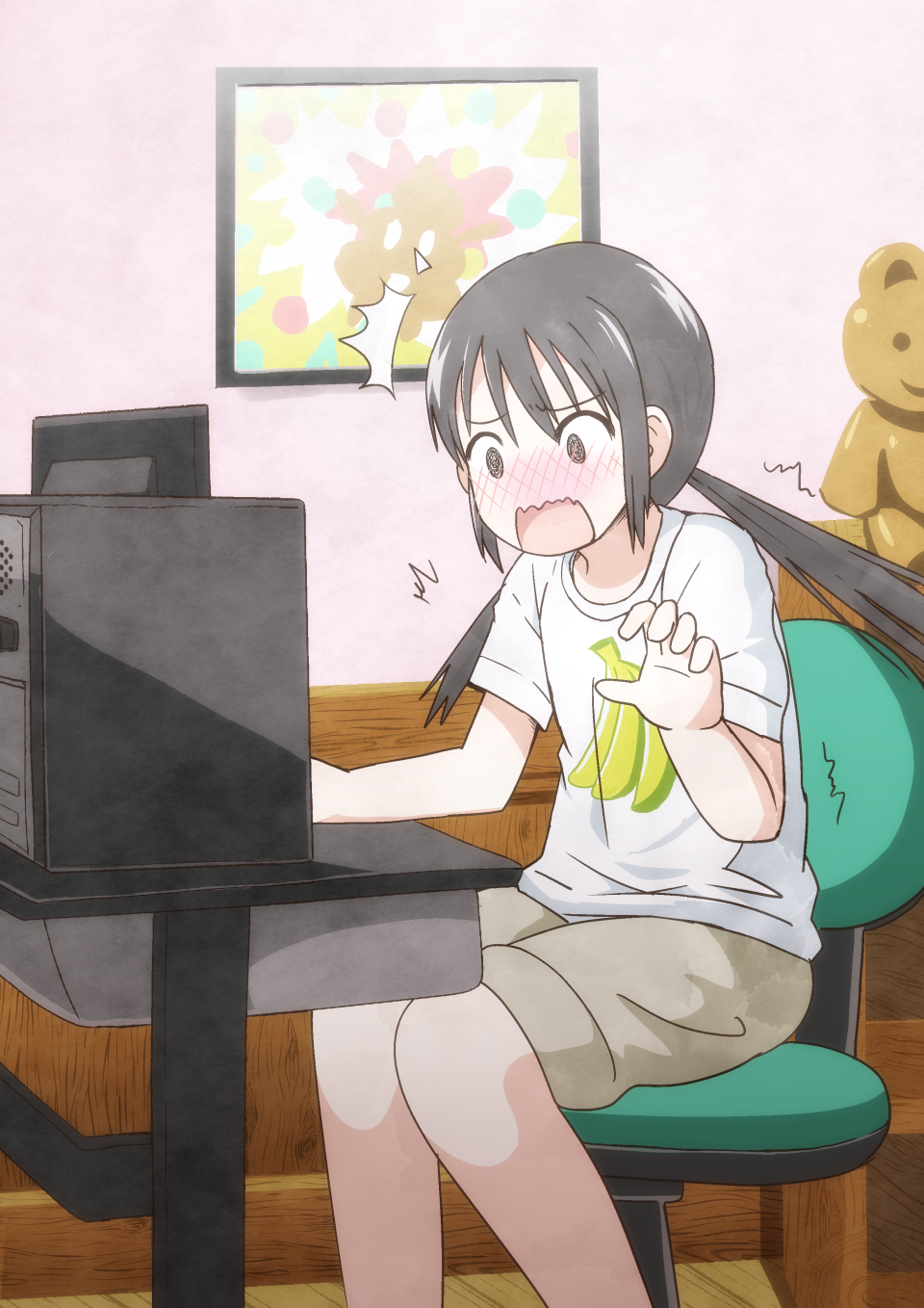 1girl asobi_asobase black_hair blush chair computer highres honda_hanako long_hair