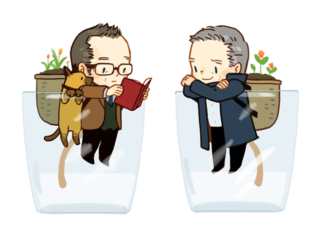 2boys bear_(person_of_interest) black_suit book brown_hair chibi chive crossed_arms dog formal_clothes full_body glass glasses grey_hair harold_finch_(person_of_interest) holding holding_book john_reese_(person_of_interest) male_focus mature_male mini_person miniboy multiple_boys person_of_interest plant potted_plant reading rectangular_eyewear short_hair sideburns simple_background smile suit white_background